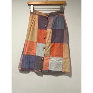 Vintge Boe Jests Boho Cotton Patchwork A-Line Skirt Wood Button Down Size 10 JL